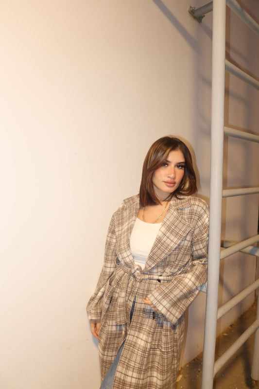 Cozy Elegance Belted Plaid Long Coat