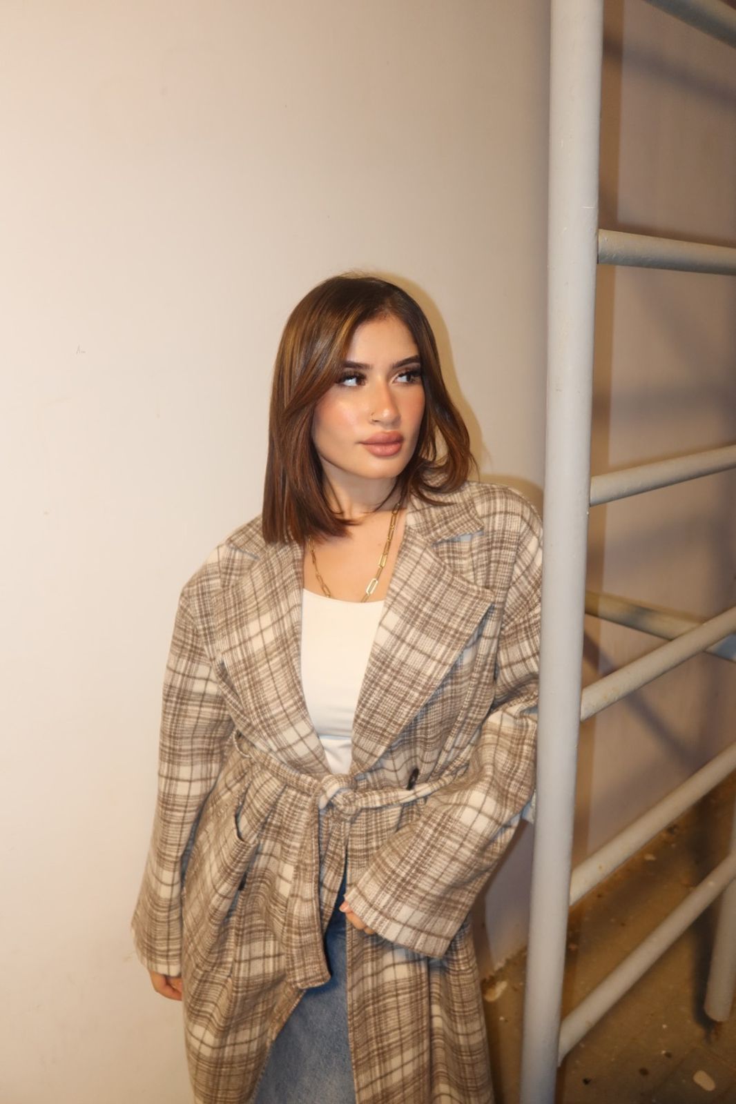 Cozy Elegance Belted Plaid Long Coat