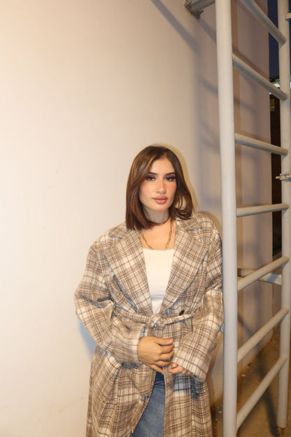 Cozy Elegance Belted Plaid Long Coat