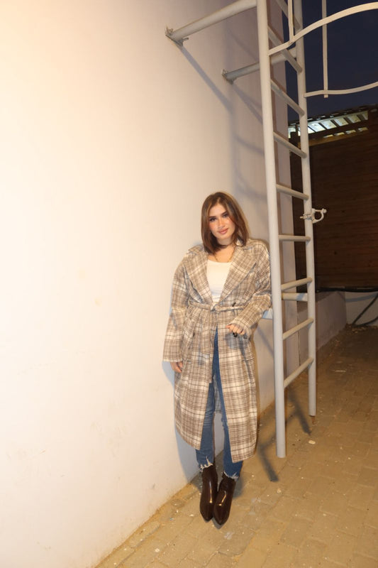 Cozy Elegance Belted Plaid Long Coat